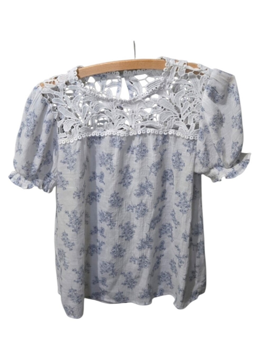 mine White & Blue Floral Crochet Yoke Blouse Cottagecore